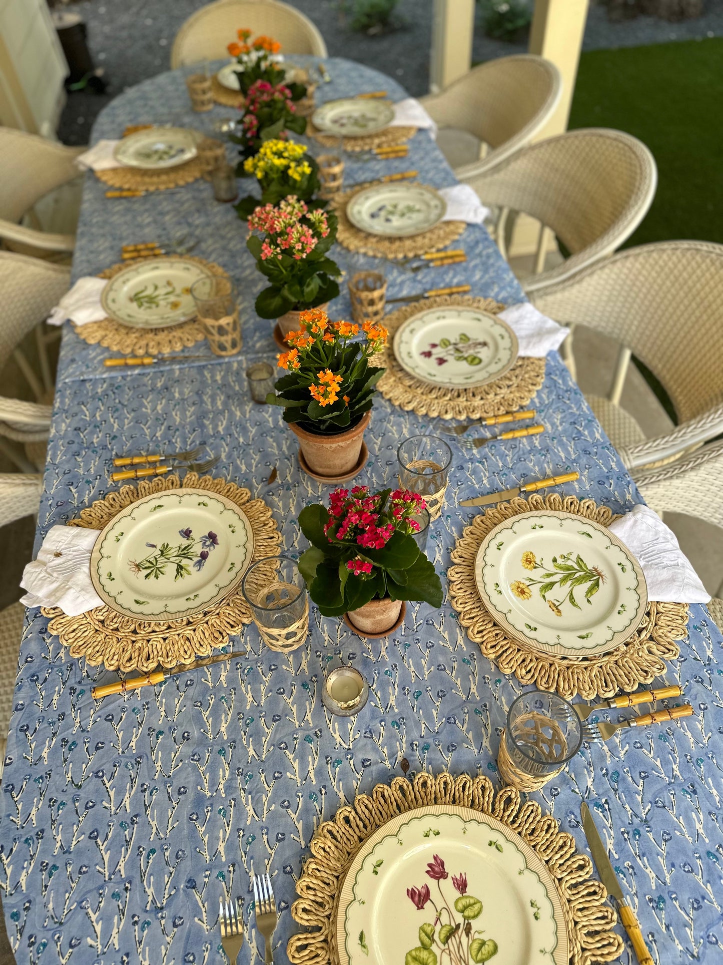 Capri Blue Fleurs Tablecloth with blue floral pattern by Erin Donahue Tice on Tampa Home & Garden Store
