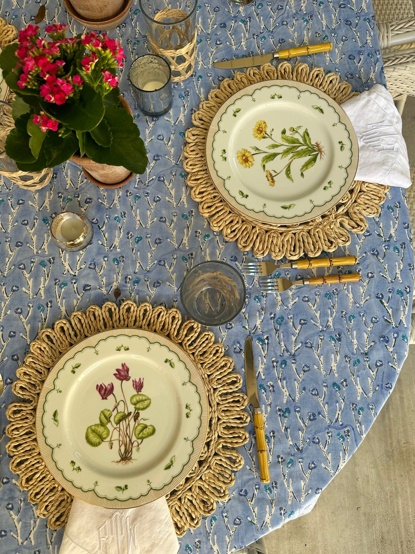 Capri Blue Fleurs Tablecloth by Erin Donahue Tice, blue botanical print on Tampa Home & Garden Store