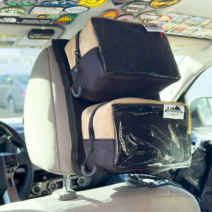 RiPouch Headrest Organizer mounted on car seat with beige and black pockets, Flatirons Overland on Tampa Home & Garden Store