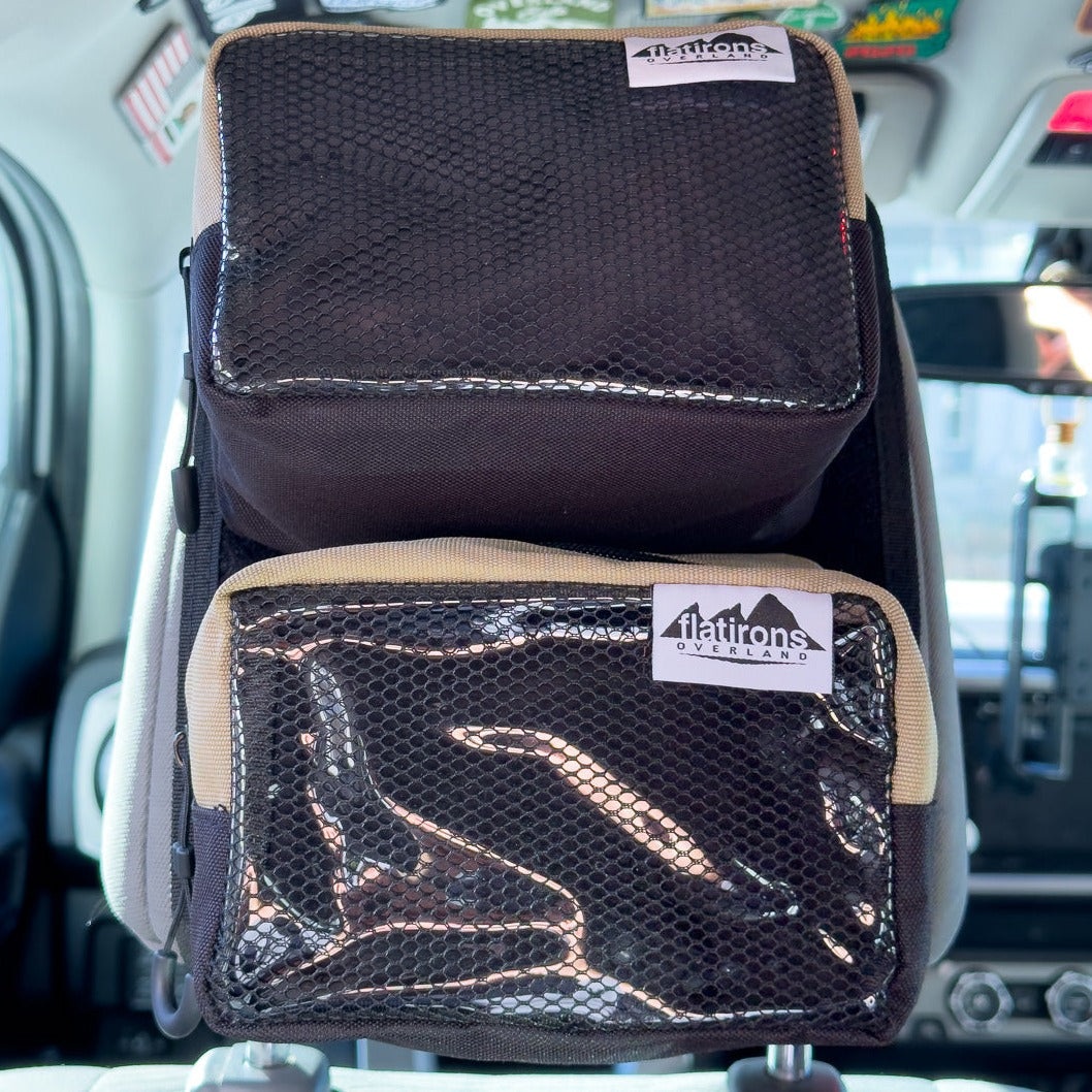 RiPouch Headrest Organizer Flatirons Overland, black fabric with tan trim and two pockets on car seat back on Tampa Home & Garden Store