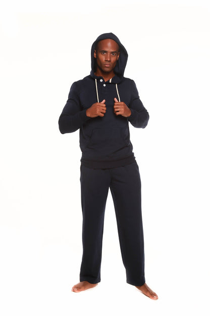 Men's Henley style bamboo viscose fleece hoodie + fleece lounge pants navy set Spun Bamboo on Tampa Home & Garden Store