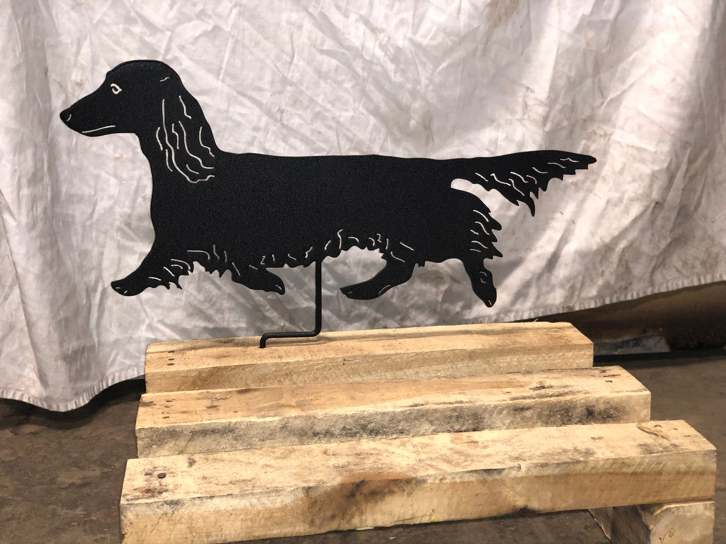 Long-haired dachshund lawn ornament metal silhouette by Rustica Ornamentals on Tampa Home & Garden Store