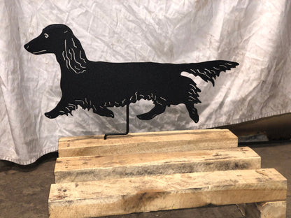 Long-haired dachshund lawn ornament metal silhouette by Rustica Ornamentals on Tampa Home & Garden Store