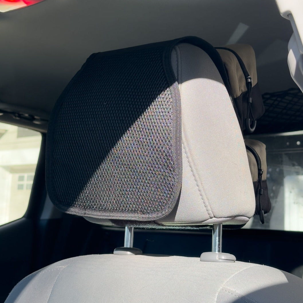 RiPouch Headrest Organizer by Flatirons Overland in grey fabric with black mesh panel on Tampa Home & Garden Store