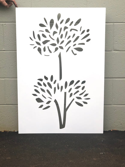 Outdoor privacy screen panel with dark gray tree silhouette on white bg Rustica Ornamentals on Tampa Home & Garden Store