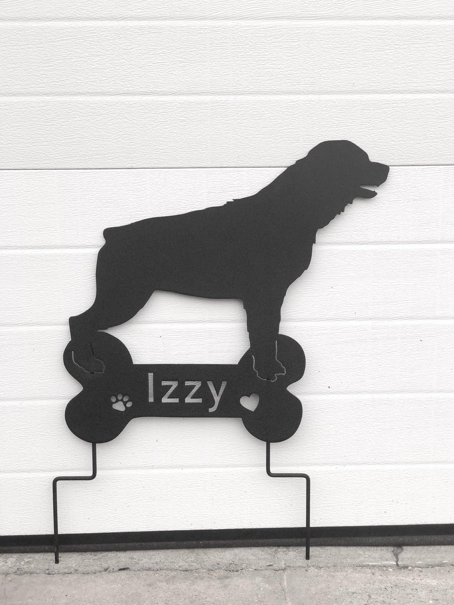 Rottweiler garden stake silhouette in black metal by Rustica Ornamentals Izzy paw print on Tampa Home & Garden Store