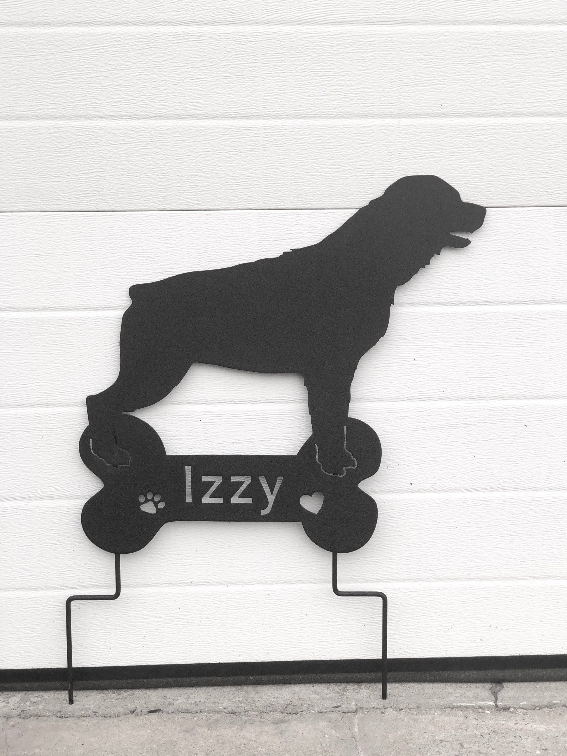 Rottweiler garden stake silhouette in black metal by Rustica Ornamentals Izzy paw print on Tampa Home & Garden Store
