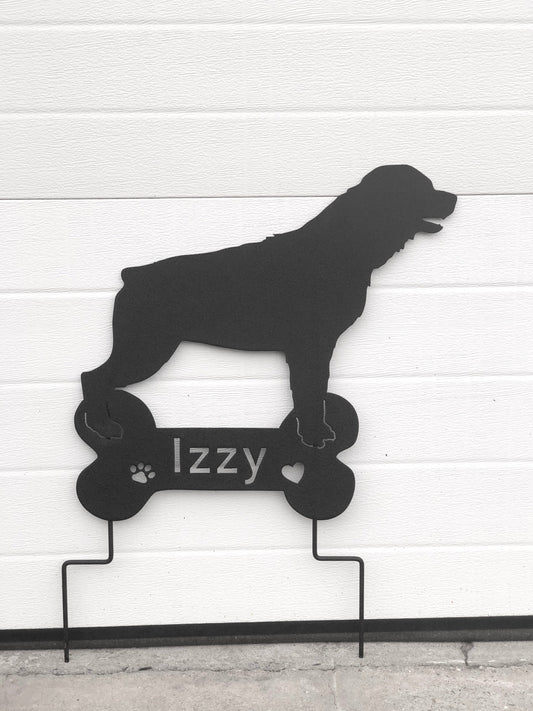 Rottweiler garden stake silhouette in black metal by Rustica Ornamentals Izzy paw print on Tampa Home & Garden Store