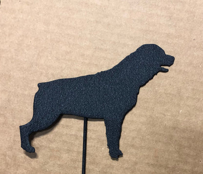 Rottweiler garden stake silhouette in black textured metal, Rustica Ornamentals garden sculpture on Tampa Home & Garden Store
