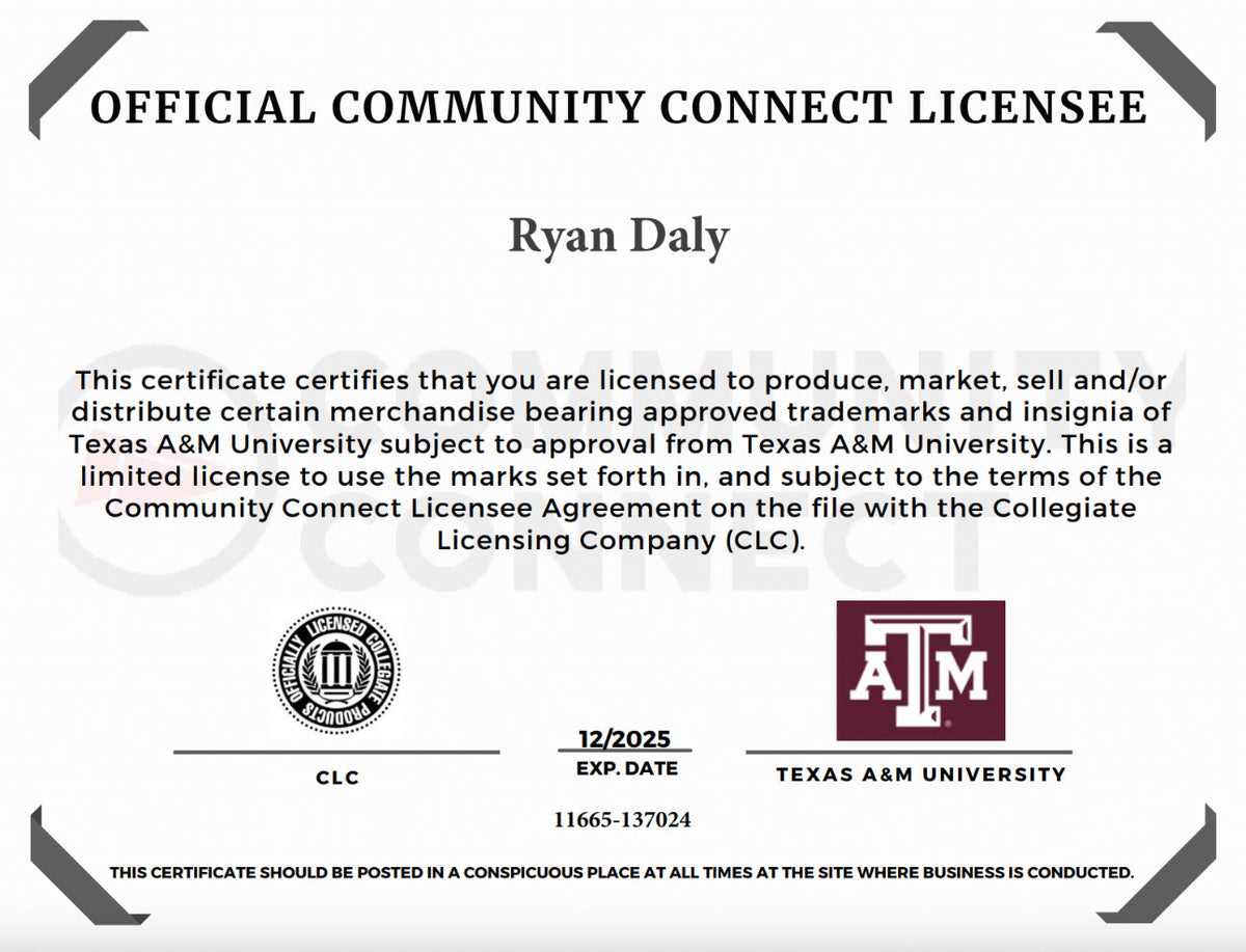 Official license certificate for Texas A&M trademarks with Ryan Daly, TAMU logo on Tampa Home & Garden Store