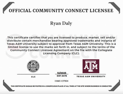 Official license certificate for Texas A&M trademarks with Ryan Daly, TAMU logo on Tampa Home & Garden Store