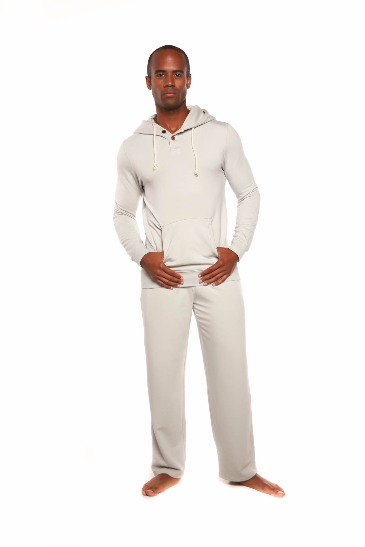 Men's bamboo fleece hoodie with drawstring hood and matching gray fleece lounge pants on Tampa Home & Garden Store