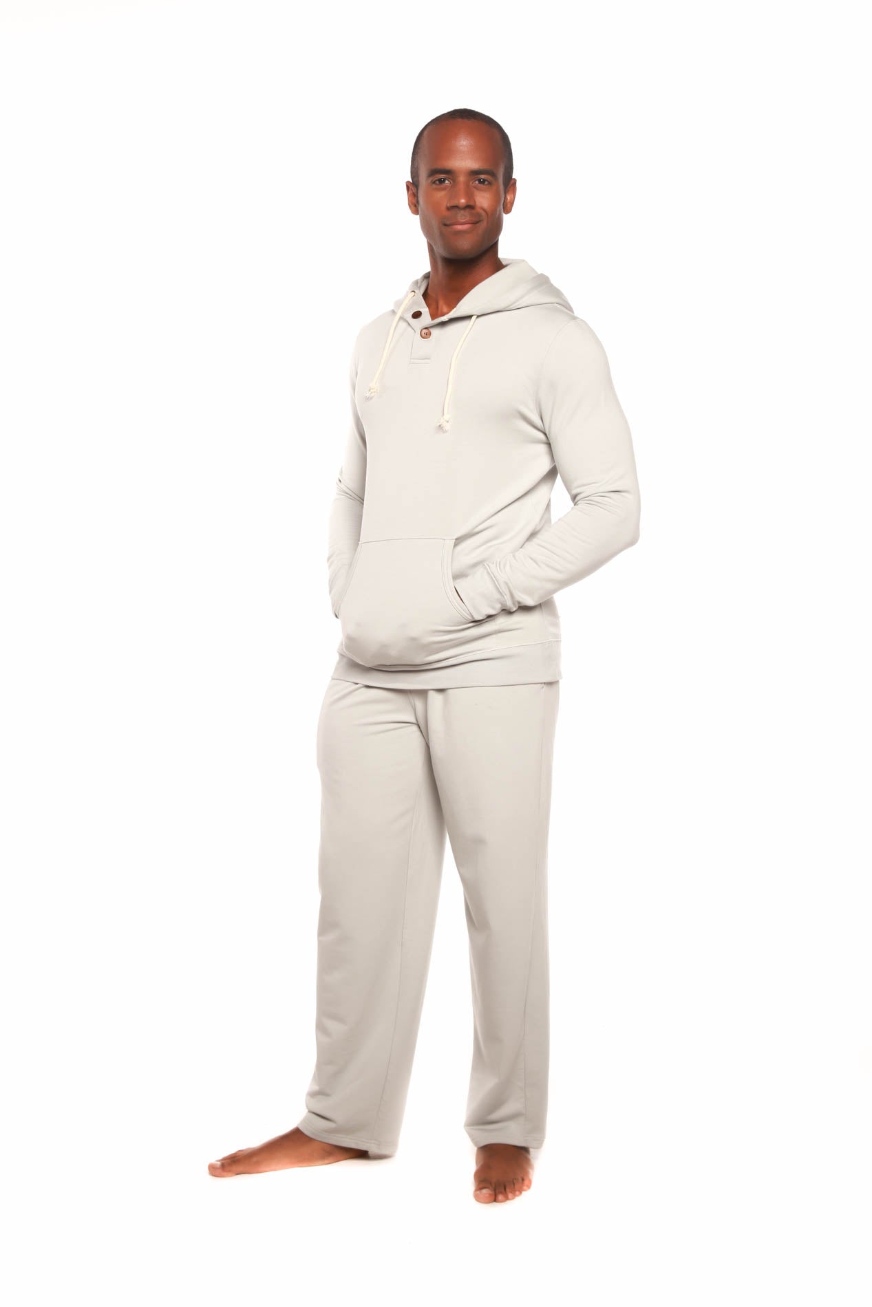 Men's Henley bamboo viscose fleece hoodie + fleece lounge pants by Spun Bamboo in beige on Tampa Home & Garden Store