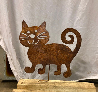 Cat Garden Stake rusty brown metal by Rustica Ornamentals, lawn ornament on Tampa Home & Garden Store
