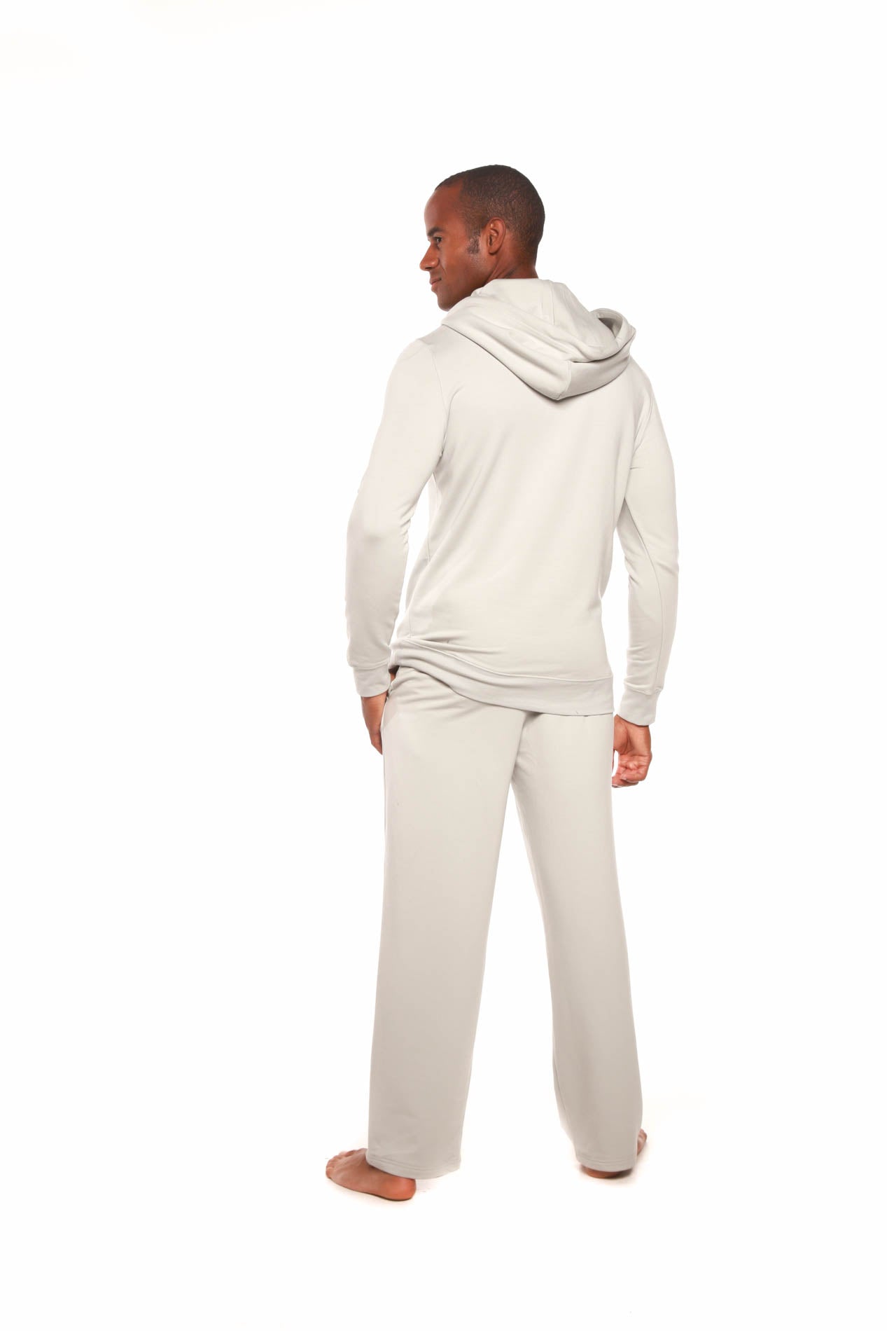 Men's henley-style bamboo fleece hoodie and matching beige fleece lounge pants, Spun Bamboo on Tampa Home & Garden Store