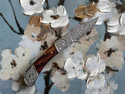 Pocket knife walnut wood handle with Damascus blade, steel bolsters, back lock TF-010 Titan K on Tampa Home & Garden Store