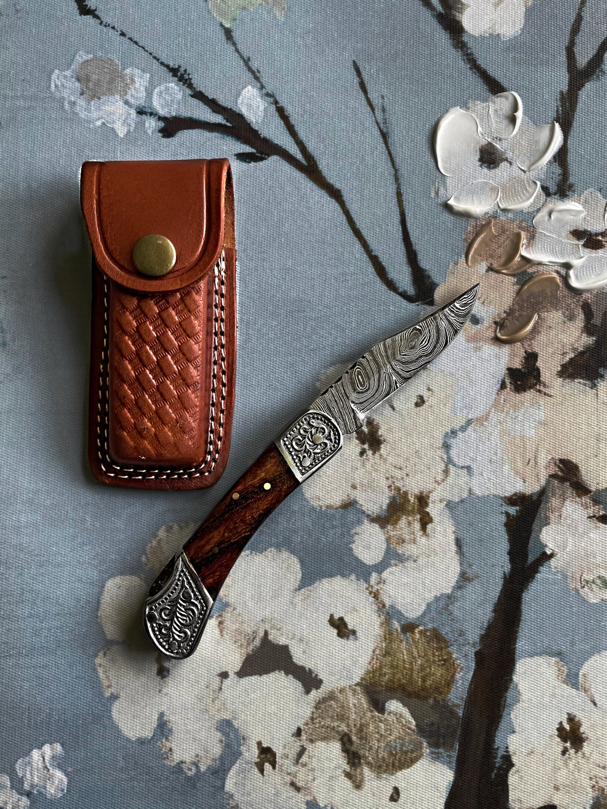 Walnut wood pocket knife with Damascus blade and steel bolster back-lock TF-010 Titan K on Tampa Home & Garden Store