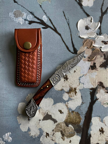 Walnut wood pocket knife with Damascus blade and steel bolster back-lock TF-010 Titan K on Tampa Home & Garden Store