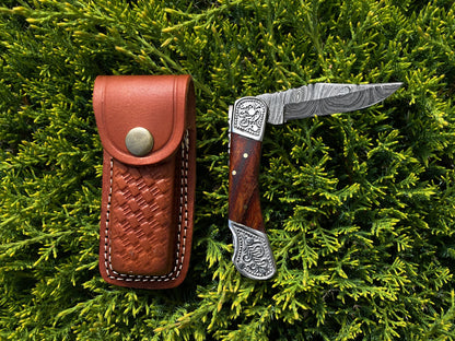 Pocket knife walnut wood 6.5in Damascus blade with steel bolster back-lock TF-010 Titan on Tampa Home & Garden Store