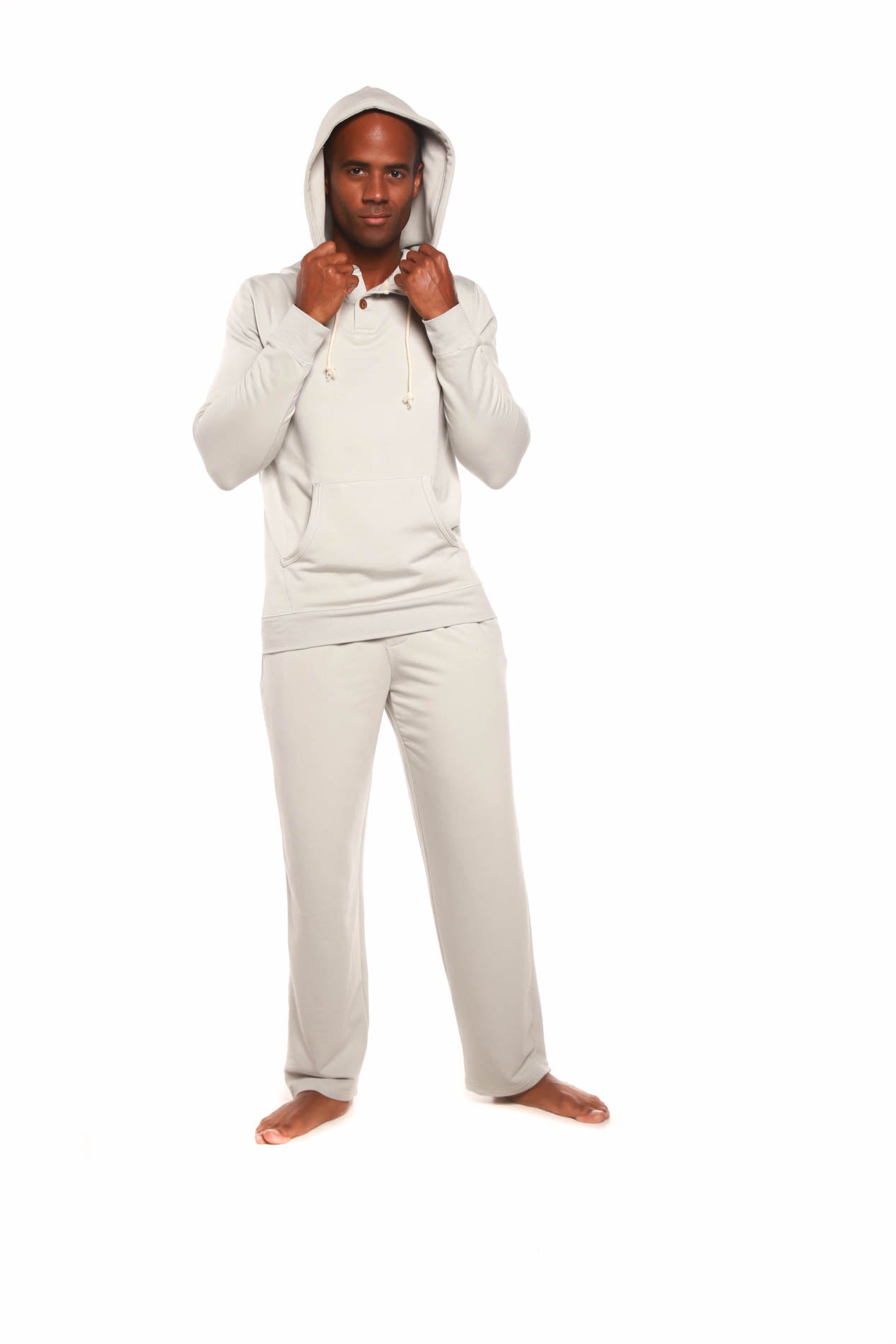 2-piece Men's beige Henley bamboo fleece hoodie and matching fleece lounge pants set on Tampa Home & Garden Store
