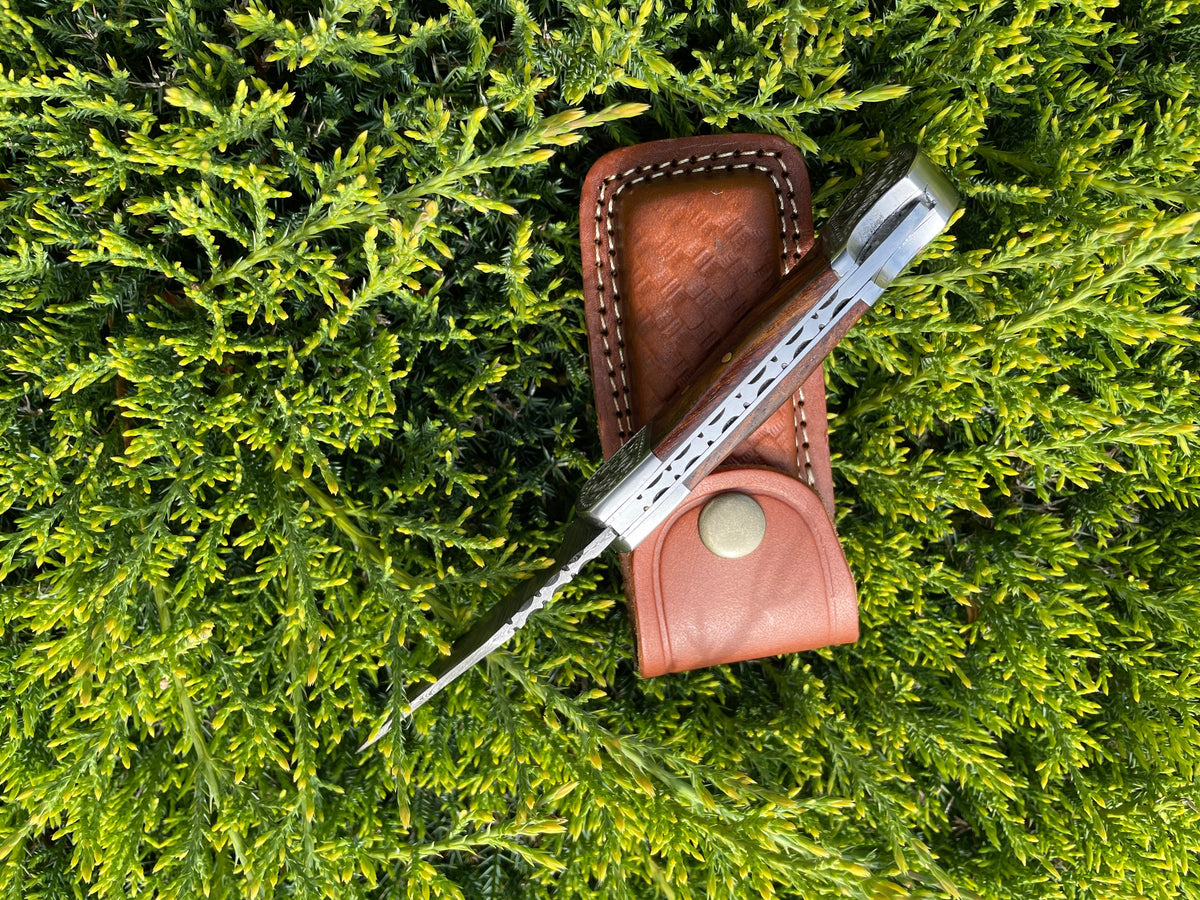 Walnut wood pocket knife TF-010 by Titan Intl K with damascus blade and steel bolster on Tampa Home & Garden Store
