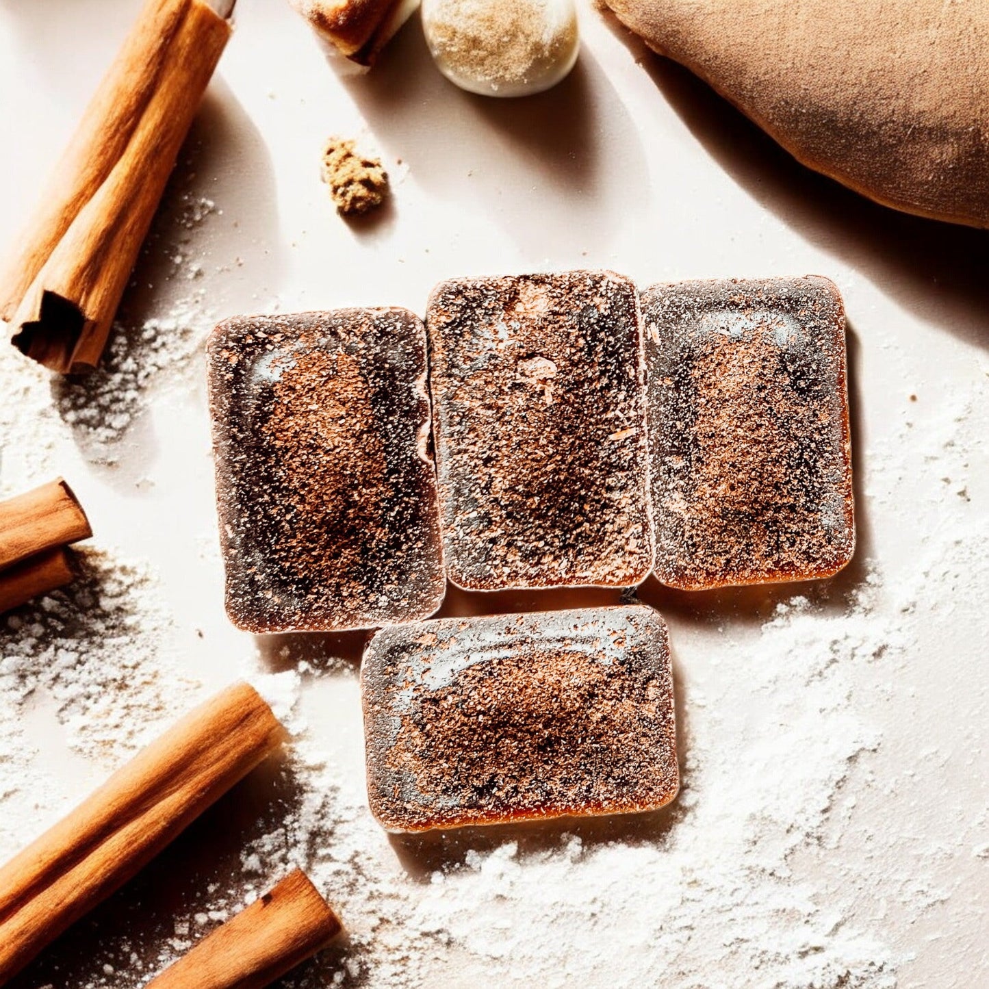 Gingerbread Spiced Latte XL wax melts by Gia Roma, sugar-dusted wax squares with cinnamon sticks on Tampa Home & Garden Store