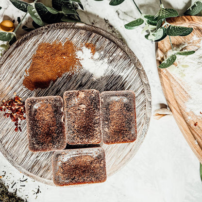 Gia Roma Gingerbread Latte XL wax melts, 4 tarts with cinnamon sugar dusting on rustic tray on Tampa Home & Garden Store