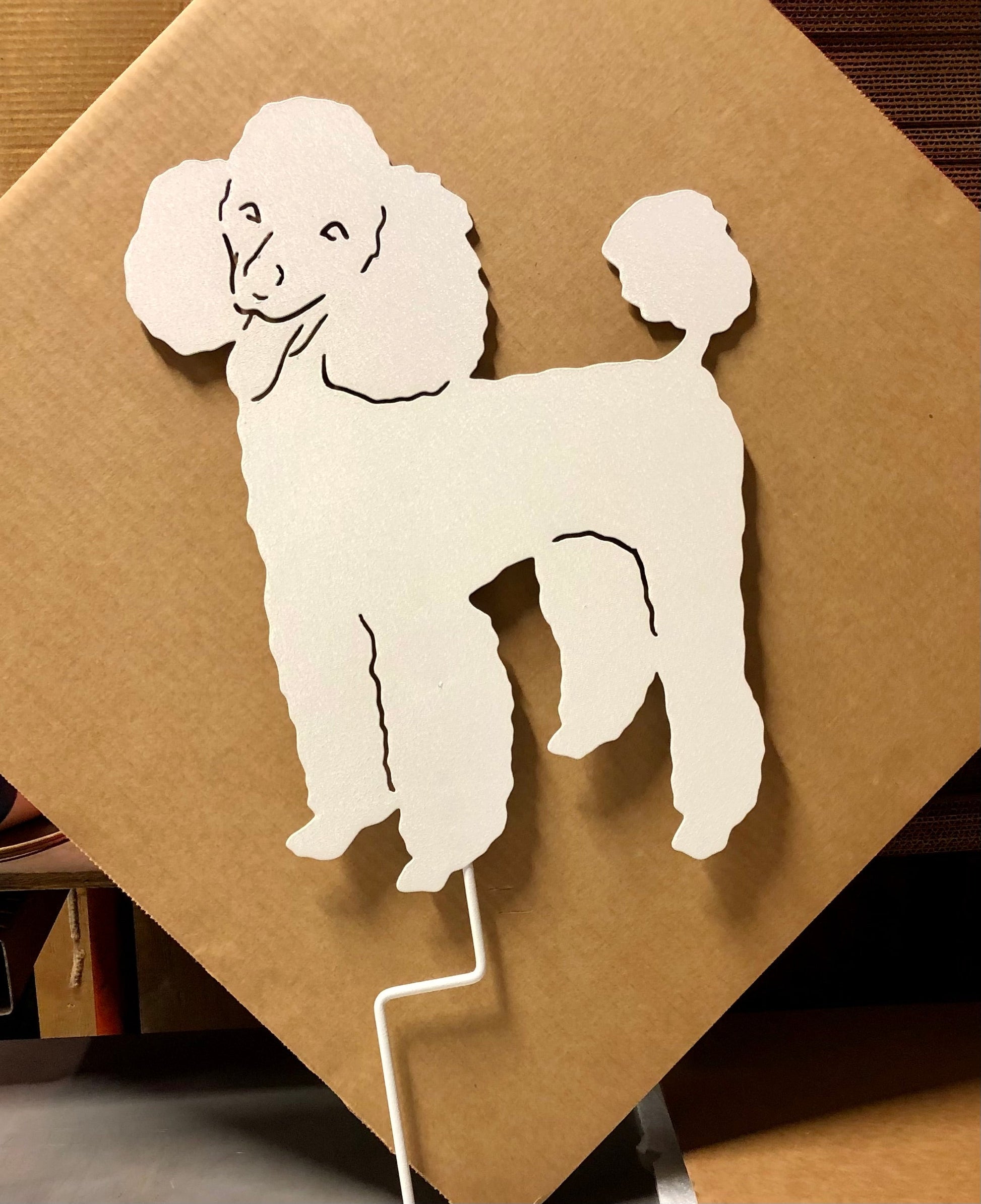 Poodle garden stake ornament Style 2, white silhouette by Rustica Ornamentals, lawn decor on Tampa Home & Garden Store
