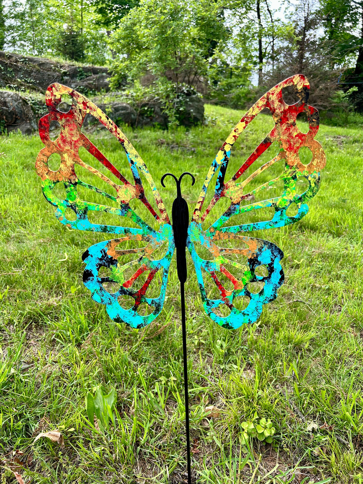 Butterfly Garden Stake Rustica Ornamentals colorful metal butterfly sculpture on stake in garden on Tampa Home & Garden Store