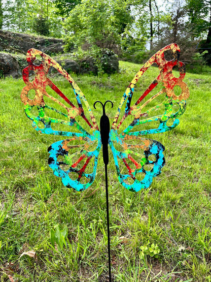 Butterfly Garden Stake Rustica Ornamentals colorful metal butterfly sculpture on stake in garden on Tampa Home & Garden Store