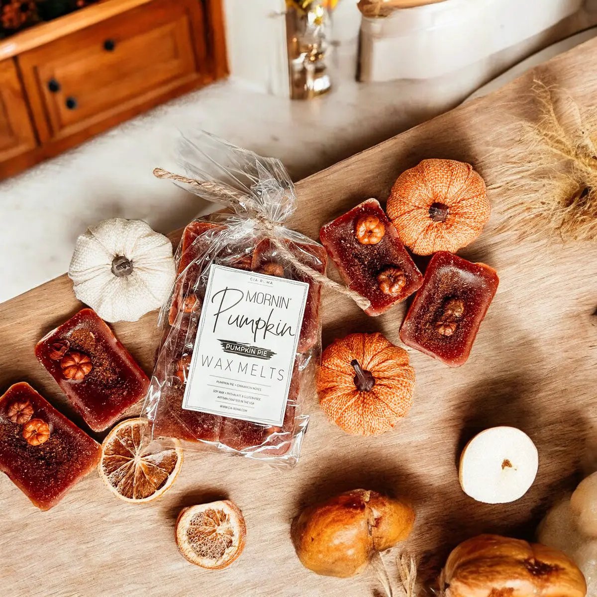 Pumpkin Buttercream Wax Melts Gia Roma cinnamon pie fall wax tarts orange blocks on board on Tampa Home & Garden Store