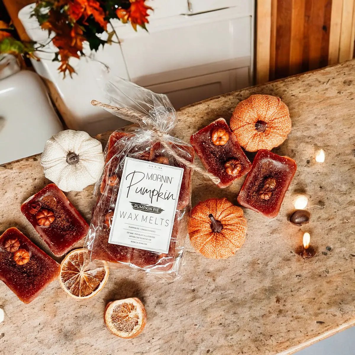 Pumpkin Buttercream Wax Melts Gia Roma amber orange wax tarts with cinnamon pie accents bagged on Tampa Home & Garden Store