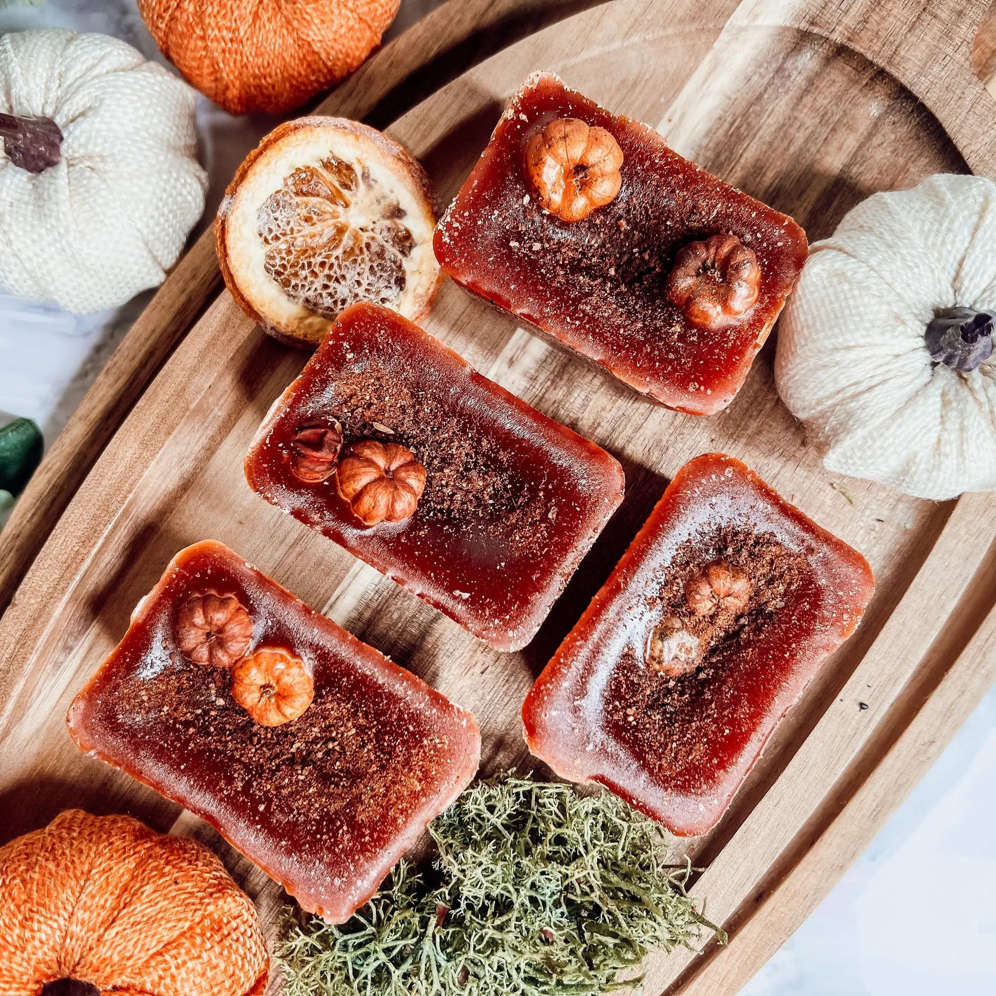 Gia Roma Pumpkin Buttercream Wax Melts Cinnamon Pie six wax melts on wood board walnut accents on Tampa Home & Garden Store