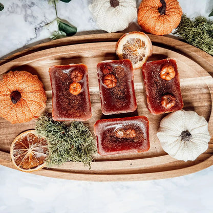 Gia Roma Pumpkin Buttercream Wax Melts Cinnamon Pie four fall wax tarts on wood board on Tampa Home & Garden Store