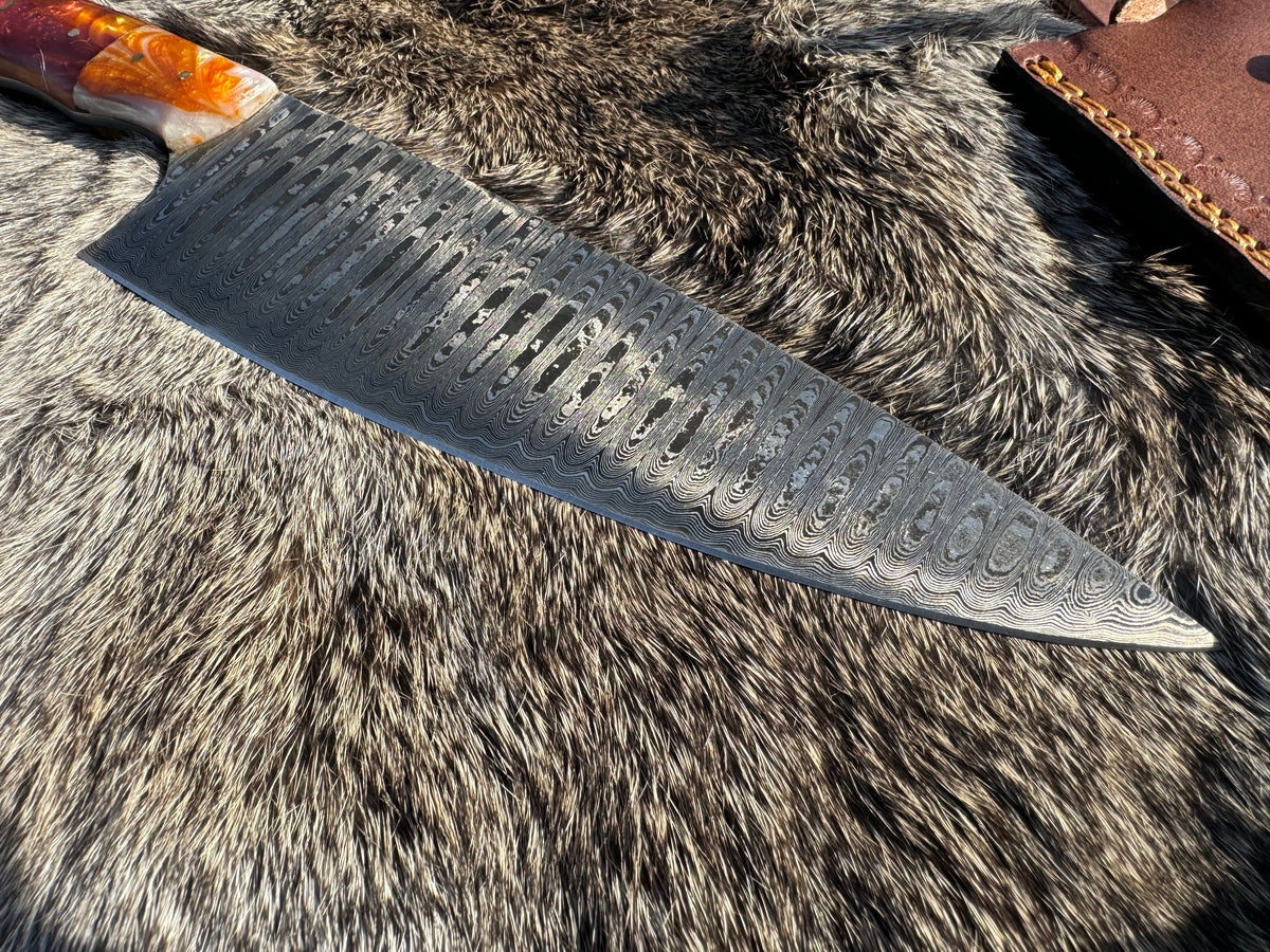 Damascus steel chef knife TK-104 by Titan International K with orange resin handle on Tampa Home & Garden Store
