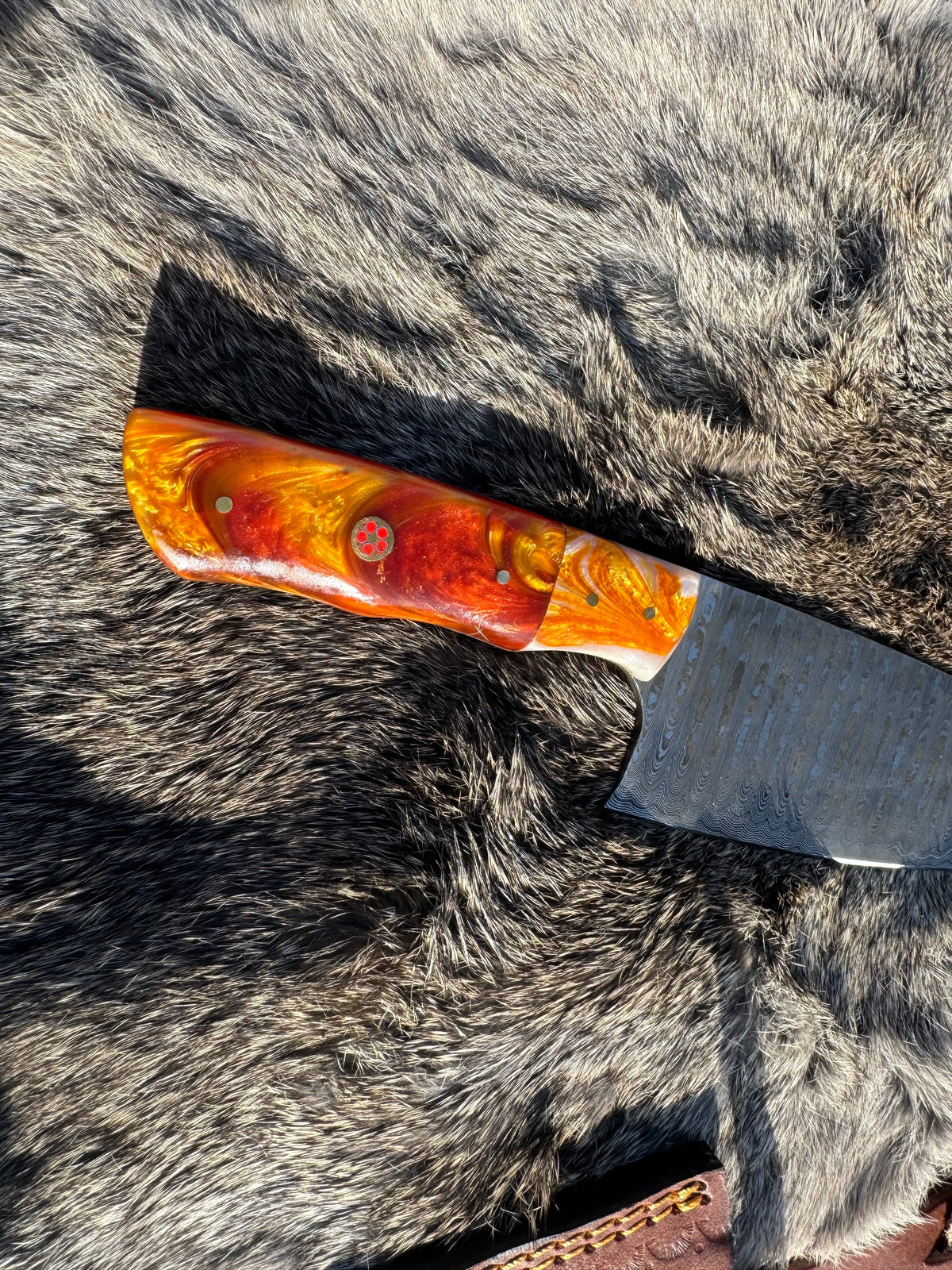Damascus Steel Custom Chef Knife TK-104 with orange resin handle and Damascus blade on Tampa Home & Garden Store