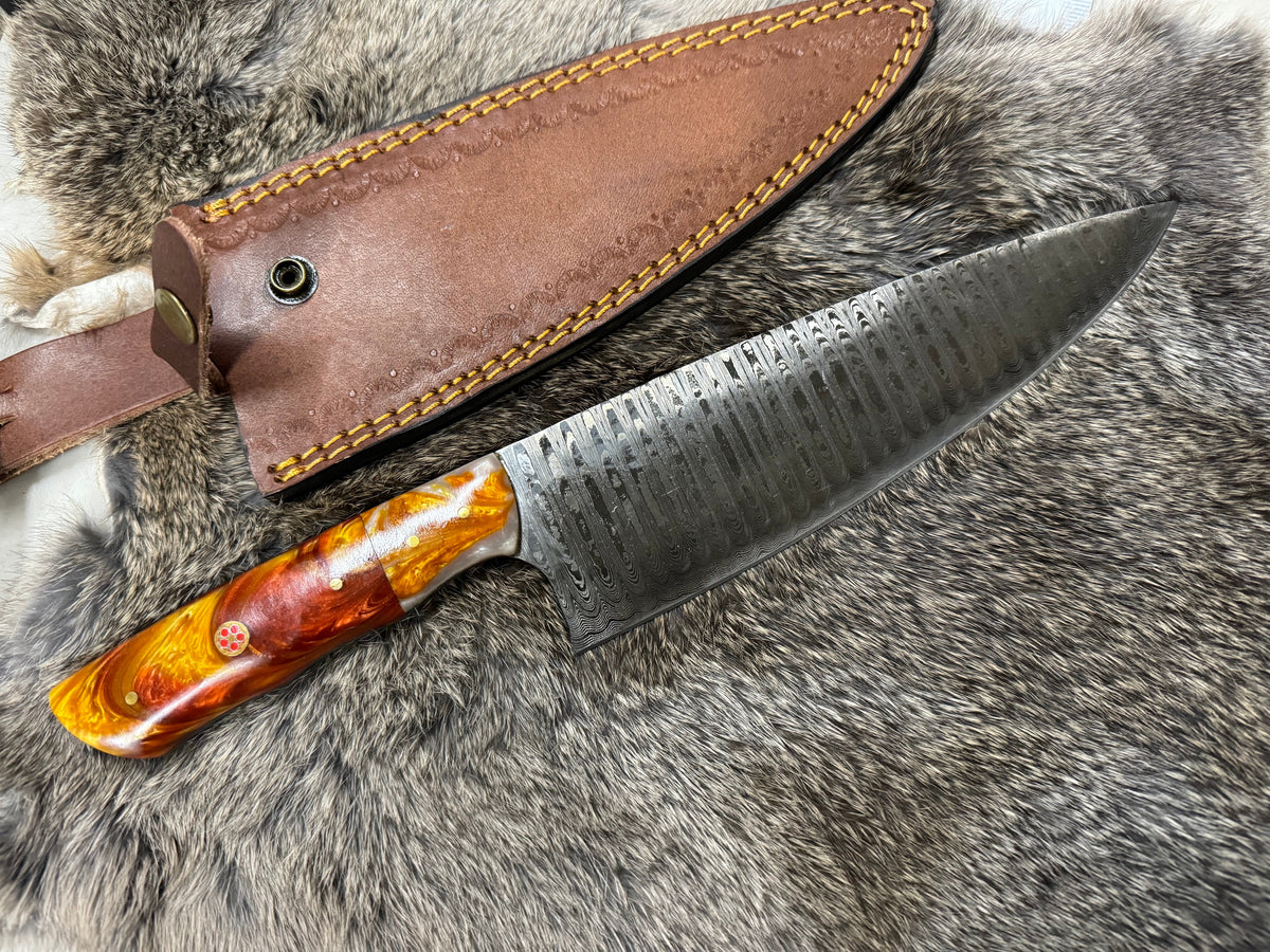 Damascus steel chef knife TK-104 by Titan Intl K with resin handle and leather sheath on Tampa Home & Garden Store