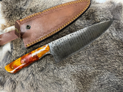 Damascus steel chef knife TK-104 by Titan Intl K with resin handle and leather sheath on Tampa Home & Garden Store