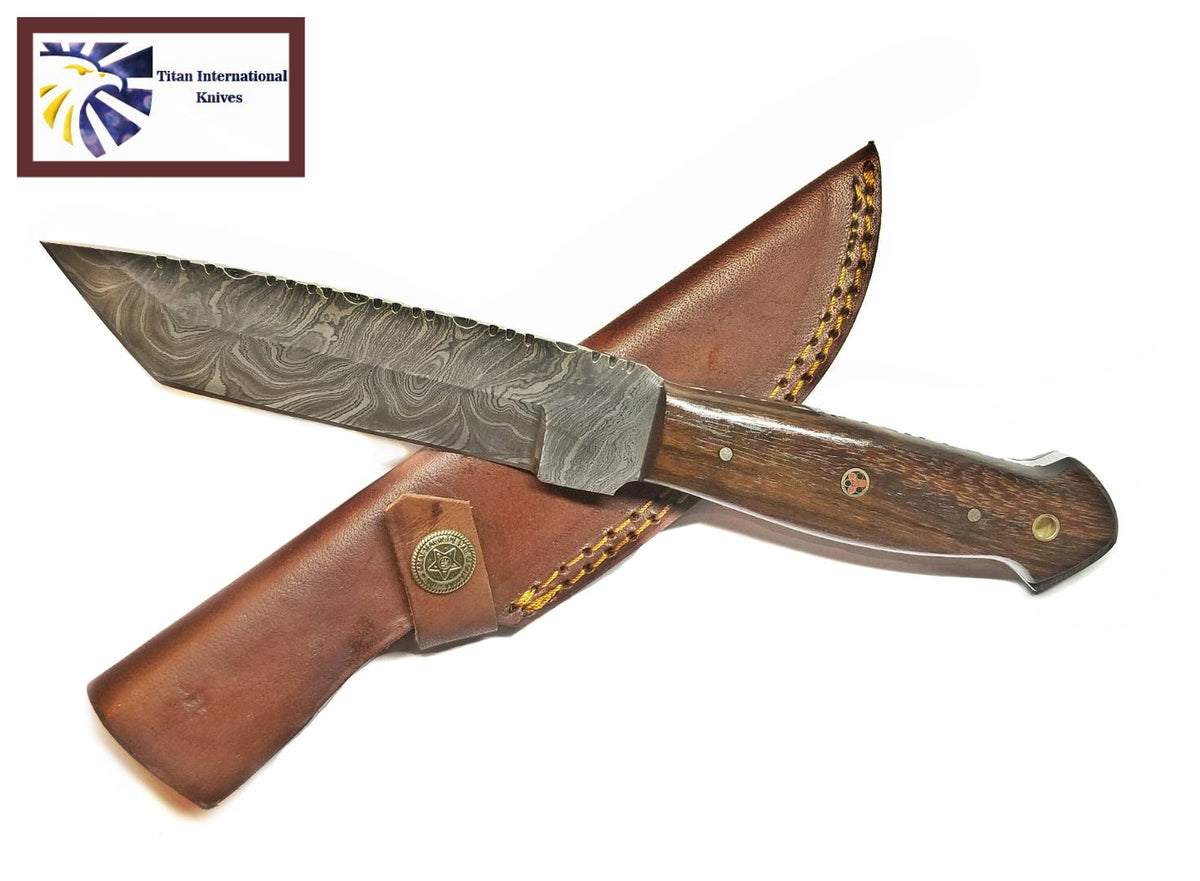TD-049 Titan Damascus knife with wooden handle and yellow-stitched leather sheath on Tampa Home & Garden Store