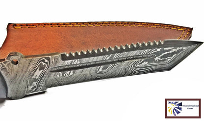 TD-039 Damascus steel knife Titan International Knives with patterned blade and leather sheath on Tampa Home & Garden Store