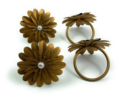Vibhsa Gold Floral Napkin Rings, set of 4 with pearl centers, handcrafted dining decor on Tampa Home & Garden Store