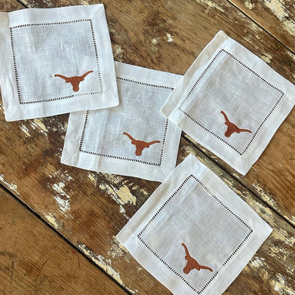 Texas Longhorns cocktail napkins, Ryan's Woodworking, white linen with orange longhorn motif on Tampa Home & Garden Store
