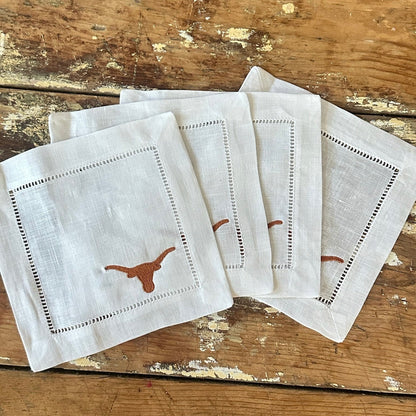 Texas Longhorns embroidered cocktail napkins set of 4 white with rust logo by Ryan's Woodworking on Tampa Home & Garden Store