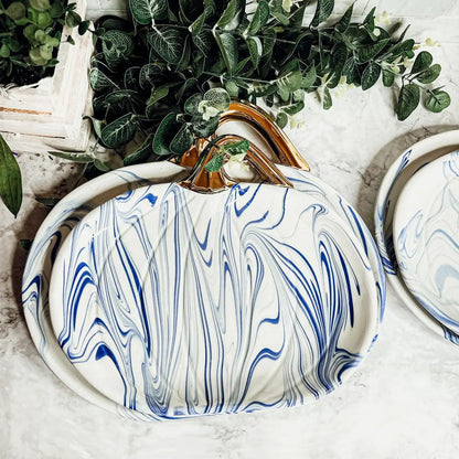 Martha Blue Marble Pumpkin Plate with Gold Stem
