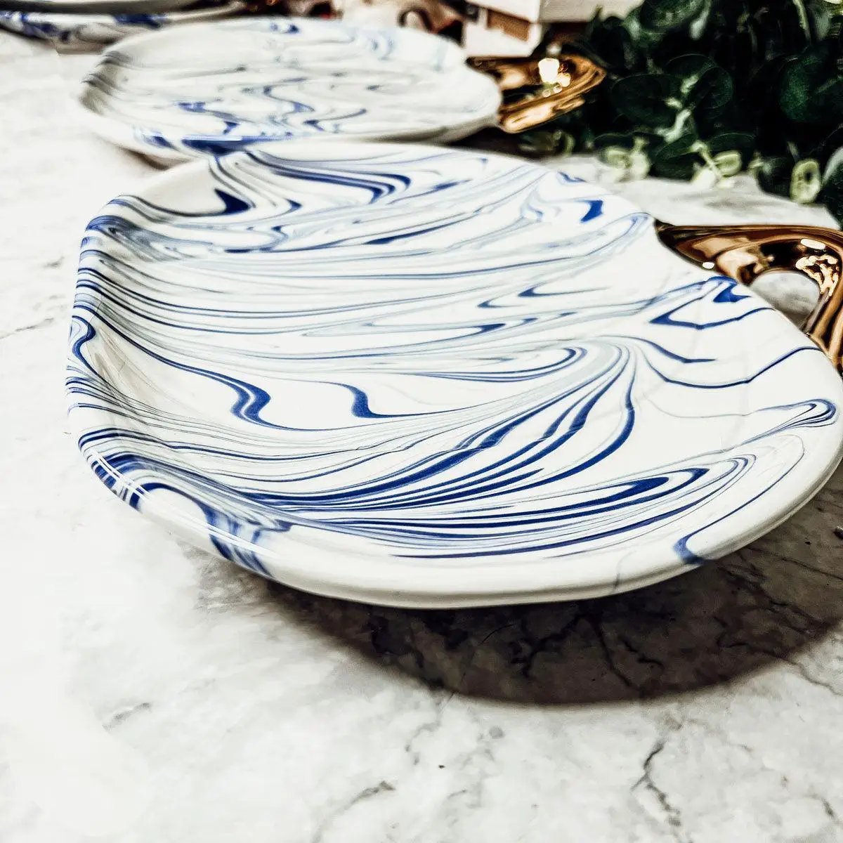Martha Blue Marble Pumpkin Plate with Gold Stem