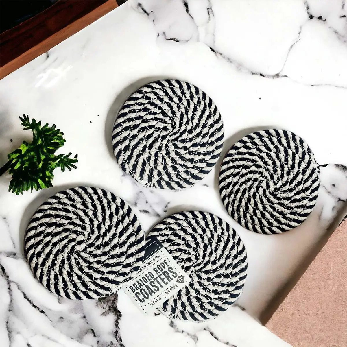 Black White Braided Rope Coasters Set of Four