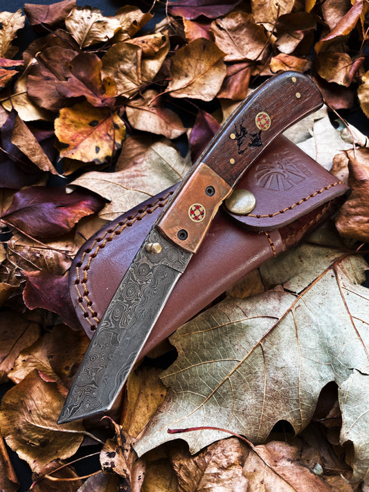 Damascus steel folding knife Titan Pocket Samurai X TF-012 with walnut handle and copper bolster on Tampa Home & Garden Store