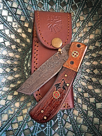 Damascus steel folding knife with tanto blade walnut handle copper bolster Titan Samurai TF-012 on Tampa Home & Garden Store