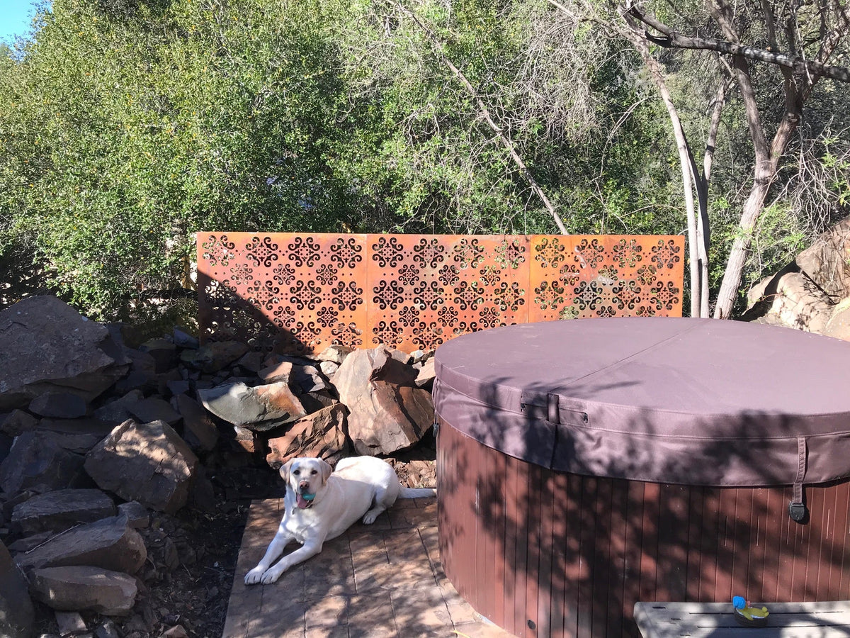 Outdoor rust-colored metal privacy screen panels Optimum heavy-duty steel set on Tampa Home & Garden Store