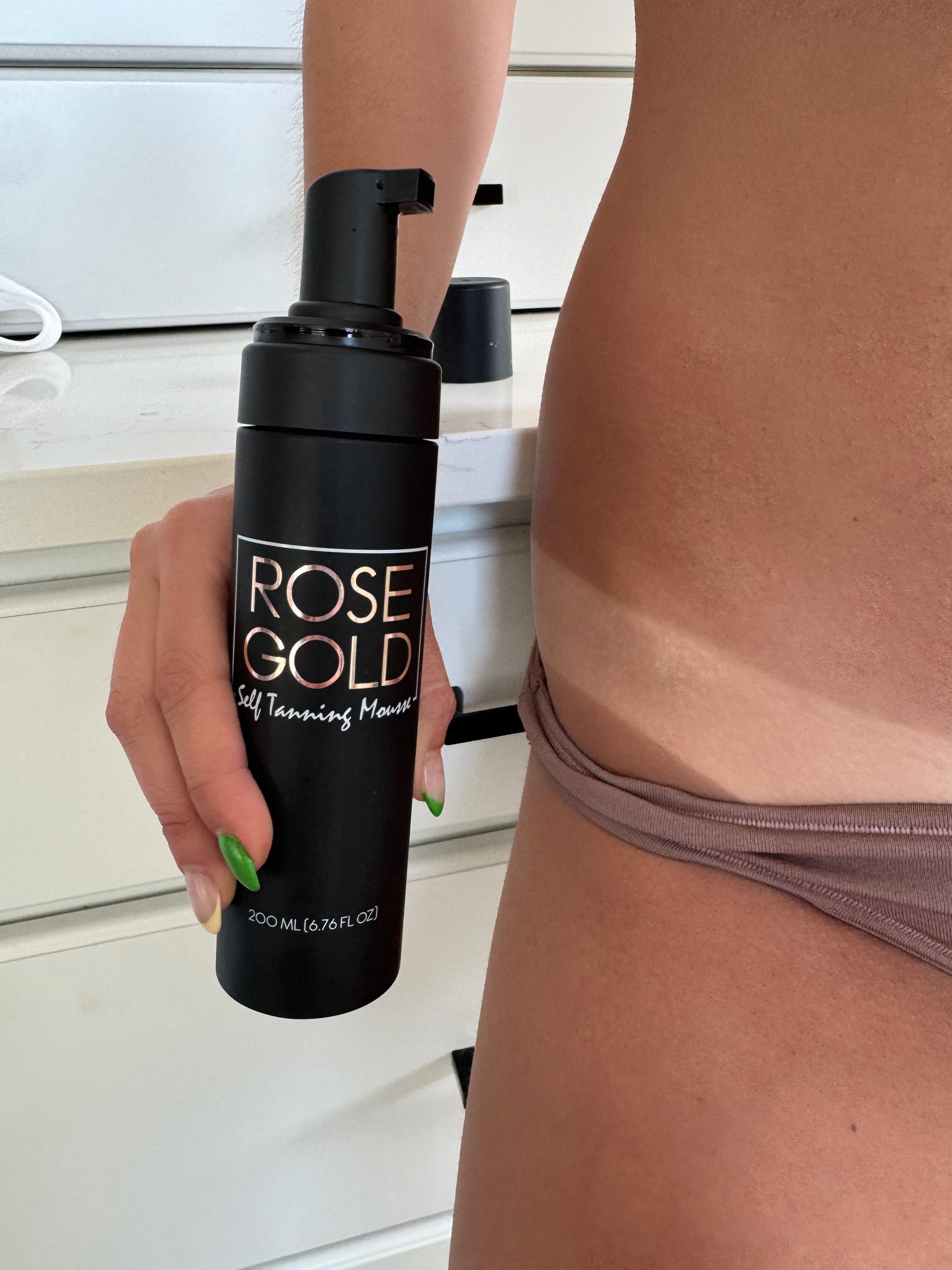 Rapid Rinse Self Tanning Mousse bottle with pump, dark neutral bronze shade, Rose Gold Sunless on Tampa Home & Garden Store